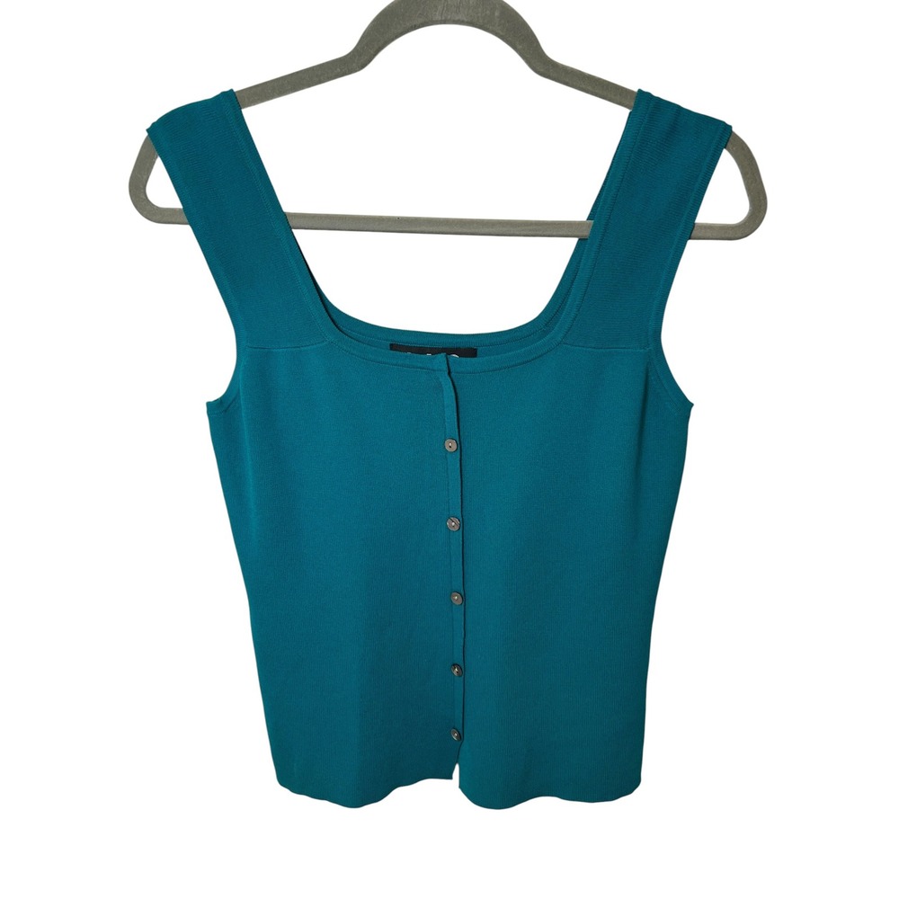 Y2K Knit Button Front Square Neck Tank Top Teal Ribbed Sleeveless Preppy L